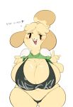  animal_crossing anthro big_breasts blonde_hair blush breasts bulumble-bee canid canine canis cleavage clothed clothing clothing_lift domestic_dog female fur hair hi_res huge_breasts isabelle_(animal_crossing) mammal nintendo open_mouth shih_tzu shirt shirt_lift short_stack slightly_chubby solo text topwear toy_dog video_games yellow_fur 