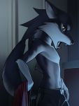  3:4 anthro black_bottomwear black_clothing bottomwear canid canine canis cheek_tuft clothed clothing elbow_tufts fangs fur hi_res holding_clothing katahane3 looking_at_viewer male mammal multicolored_fur navel open_mouth shoulder_tuft side_view solo topless tuft two_tone_fur wolf 
