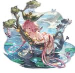  1girl barefoot bikini breasts bug butterfly cleavage granblue_fantasy hair_between_eyes hair_ornament insect lily_pad long_hair lying minaba_hideo official_art on_stomach pink_hair pointy_ears see-through side-tie_bikini solo sunlight swimsuit thighlet transparent_background very_long_hair water yellow_eyes yggdrasil_(granblue_fantasy) 
