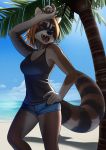  absurd_res anthro beach black_clothing black_fur black_tail black_topwear blue_bottomwear blue_clothing blue_eyes blue_shorts blue_sky bodily_fluids bottomwear breasts brown_fur brown_tail clothing day eyebrow_through_hair eyebrows female fur hair hand_on_head hand_on_hip hi_res katahane3 mammal multicolored_fur multicolored_tail open_mouth open_smile palmtree procyonid raccoon ringtail sand sea seaside shorts sky smile solo sweat tongue topwear translucent translucent_hair water 