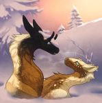  2019 blue_eyes brown_fur day digital_media_(artwork) duo feral fur grypwolf horn kukuri outside smile snow tan_fur 