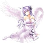  1girl ahoge amderxamder azur_lane bangs blush breast_hold breasts cleavage covered_navel dress eyebrows_visible_through_hair feathered_wings hair_bun hair_ribbon head_tilt highres large_breasts long_hair looking_at_viewer older purple_eyes purple_hair ribbon shoes side_bun simple_background sitting solo thighhighs unicorn_(azur_lane) very_long_hair white_background white_dress white_footwear white_legwear white_wings wings yokozuwari 