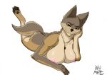 2019 5_fingers anthro areola bedroom_eyes big_breasts breasts brown_fur butt canid canine canis coyote digital_media_(artwork) female fingers fur half-closed_eyes hand_on_head looking_at_viewer lying mammal nipples nude paws scp-2547 scp_foundation seductive simple_background smile solo tan_fur unusualmatias 