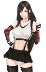  1girl bare_shoulders black_skirt breasts cleavage clenched_hand closed_mouth collarbone earrings elbow_gloves elbow_pads final_fantasy final_fantasy_vii final_fantasy_vii_remake fingerless_gloves gloves hand_on_hip highres j@ck jewelry large_breasts long_hair looking_at_viewer low-tied_long_hair midriff miniskirt navel pleated_skirt shirt skirt smile suspender_skirt suspenders tank_top taut_clothes taut_shirt thighhighs thighs tifa_lockhart 