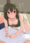  1girl all_fours blue_shorts blush breasts brown_hair character_request copyright_request downblouse green_tank_top norimaki_(haru_koubou) open_mouth red_eyes shirt shorts small_breasts solo_focus tank_top taut_clothes taut_shorts translation_request white_shirt 