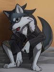  3:4 3_toes anthro black_clothing black_eyes black_nose black_topwear bottomwear canid canine canis clothing collarbone fangs full-length_portrait fur fur_collar hi_res katahane3 looking_at_viewer male mammal open_clothing open_mouth portrait sitting solo toes tongue topwear wolf 