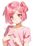 1girl bangs blush closed_mouth collarbone commentary_request doki_doki_literature_club eyebrows_visible_through_hair fingers_together hair_ornament hair_ribbon hairclip hands looking_at_viewer natsuki_(doki_doki_literature_club) pink_eyes pink_hair pink_shirt red_ribbon ribbon shiratama_akane shirt short_hair short_sleeves simple_background solo swept_bangs two_side_up upper_body white_background 