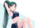  1girl armpits arms_behind_head bare_shoulders blush closed_mouth crop_top earrings fire_emblem fire_emblem:_the_blazing_blade fire_emblem_heroes green_eyes green_hair hair_tie high_ponytail jewelry leonmandala long_hair looking_at_viewer lyn_(fire_emblem) midriff ponytail shirt sitting sleeveless sleeveless_shirt smile thighs 