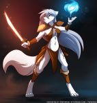  2019 absurd_res anthro armor barefoot black_background breasts canid canine canis chest_tuft cleavage clothed clothing digitigrade female fire fur grey_hair hair hi_res holding_object holding_weapon keidran loincloth magic magic_user mammal melee_weapon midriff navel pauldron pose raine_silverlock simple_background skimpy solo sword tom_fischbach tuft twokinds weapon webcomic white_fur wolf yellow_eyes 
