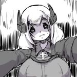  1girl :d azur_lane bangs breasts collared_jacket eyebrows_visible_through_hair greyscale head_tilt headgear heart heart-shaped_pupils large_breasts long_sleeves looking_at_viewer monochrome open_mouth outstretched_arms roon_(azur_lane) sharp_teeth smile solo symbol-shaped_pupils teeth u-non_(annon&#039;an) 