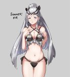  1girl bikini black_bikini blue_eyes breasts character_name cleavage closed_mouth conope earrings eir_(fire_emblem) fire_emblem fire_emblem_heroes grey_background hair_ornament jewelry large_breasts long_hair navel ponytail silver_hair simple_background solo swimsuit 