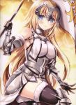  1girl absurdres armor armored_boots armored_dress banner black_legwear blonde_hair blue_eyes blush boots breasts breasts_apart chain day dress eyebrows_visible_through_hair fate/apocrypha fate_(series) floating_hair fukase_ayaka fur_trim gauntlets hair_ornament highres holding holding_weapon jeanne_d&#039;arc_(fate) jeanne_d&#039;arc_(fate)_(all) large_breasts leg_up long_hair looking_at_viewer outdoors scan shiny shiny_skin sideboob sleeveless sleeveless_dress smile solo thighhighs very_long_hair weapon white_dress 