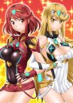  2girls armor bangs bare_shoulders blonde_hair breasts cleavage commentary cover dress dual_persona elbow_gloves fingerless_gloves gem gloves hair_ornament headpiece hikari_(xenoblade_2) homura_(xenoblade_2) jewelry large_breasts long_hair looking_at_viewer multiple_girls pose red_eyes red_hair red_shorts short_hair short_shorts shorts smile swept_bangs tiara translation_request very_long_hair white_dress xenoblade_(series) xenoblade_2 yellow_eyes zerosu_(take_out) 