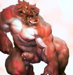  2019 anthro balls barefoot biceps black_nose blush bodily_fluids brown_fur canid canine cartuja countershading digital_media_(artwork) drooling epic7 facial_scar fur genital_fluids hair hi_res humanoid_hands humanoid_penis kneeling male mammal muscular muscular_male navel nipples nude open_mouth pecs penis precum saliva scar simple_background smile solo triceps uleezoo vein white_countershading 