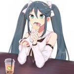  1girl blue_eyes blue_hair bubble_tea commentary_request crepe dessert detached_sleeves drink eating folte food hairband isuzu_(kantai_collection) kantai_collection long_hair lowres open_mouth remodel_(kantai_collection) school_uniform serafuku simple_background solo table tumbler twintails upper_body white_background 