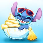 1:1 2019 alien blue_claws blue_eyes blue_fur blue_nose bowl claws dessert disney dole_whip experiment_(species) eyewear eyewear_on_head food fruit fur gradient_background happy head_tuft ice_cream lilo_and_stitch looking_at_viewer open_mouth open_smile pineapple plant simple_background smile solo starsheepsweaters stitch sunglasses sunglasses_on_head tuft 