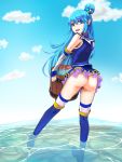  1girl aqua_(konosuba) ass bare_shoulders blue_eyes blue_footwear blue_hair blue_sky boots cloud commentary_request day detached_sleeves eyebrows_visible_through_hair hair_between_eyes hair_ornament hair_rings highres holding in_water kono_subarashii_sekai_ni_shukufuku_wo! long_hair looking_at_viewer no_panties outdoors oyakata sky solo thighhighs water white_legwear 