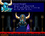  1boy 1girl bloodstained:_ritual_of_the_night commentary crossover english_commentary english_text fake_screenshot miriam_(bloodstained) parody pixel_art shovel_knight shovel_knight_(character) throne throne_room tomycase what_is_a_man? 