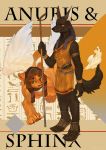  2019 anthro black_fur canid canine clothed clothing duo felid feline fur hi_res hkl9917462 mammal mythology simple_background sphinx standing text 