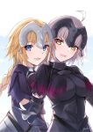  2girls :d absurdres ahoge armor armored_dress backlighting bangs bee_doushi black_dress blonde_hair blue_dress blue_eyes blue_sky blush braid brown_eyes chain cloud commentary_request day dress eyebrows_visible_through_hair fate/grand_order fate_(series) grey_hair hair_between_eyes headpiece highres jeanne_d&#039;arc_(alter)_(fate) jeanne_d&#039;arc_(fate) jeanne_d&#039;arc_(fate)_(all) long_hair multiple_girls open_mouth signature simple_background single_braid sky smile very_long_hair white_background 