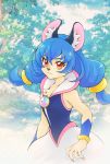  1girl :3 aizen_(syoshiyuki) animal_ears blue_hair brooch brown_eyes cat_ears cowboy_shot furry highres jewelry long_hair looking_at_viewer low-tied_long_hair precure skirt smile solo star_twinkle_precure tree twintails uni_(precure) whiskers white_skirt wrist_cuffs 