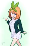  1girl :d bangs blush breasts dress eyebrows_visible_through_hair go-toubun_no_hanayome green_jacket green_ribbon hair_between_eyes hair_ribbon hand_up highres jacket kujou_karasuma long_sleeves looking_at_viewer medium_breasts nakano_yotsuba open_clothes open_jacket open_mouth orange_hair pointing purple_eyes ribbon signature smile solo striped striped_dress 