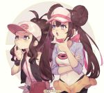  2girls arm_around_waist artist_name bag blue_hair brown_hair denim denim_shorts double_bun finger_to_mouth frilled_shorts frills hair_bun handbag hat leaning_forward light_blush looking_to_the_side mei_(pokemon) multiple_girls pantyhose poke_ball_symbol pokemon pokemon_(game) pokemon_bw pokemon_bw2 pokemon_masters short_shorts shorts simple_background sweatdrop thinking touko_(pokemon) twintails twitter_username visor_cap wristband 