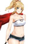  1girl bangs bare_shoulders belt blonde_hair braid breasts cleavage collarbone commentary_request cowboy_shot eyebrows_visible_through_hair fate/apocrypha fate_(series) green_eyes hair_ornament highres jacket large_breasts long_hair looking_at_viewer mordred_(fate) mordred_(fate)_(all) nanakaku navel open_fly ponytail red_jacket red_scrunchie scrunchie shorts simple_background smile solo sword weapon white_background 