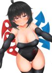  1girl adapted_costume ahoge ass_visible_through_thighs asymmetrical_wings bangs bare_shoulders black_gloves black_hair black_legwear black_swimsuit blue_wings blush breasts cleavage commentary_request covered_navel elbow_gloves eyebrows_visible_through_hair gloves groin hair_between_eyes halterneck highres houjuu_nue large_breasts looking_at_viewer one-piece_swimsuit pointy_ears reaching_out red_eyes red_wings short_hair sidelocks simple_background smile solo sweat swimsuit thighhighs thighs tokoya_(ex-hetare) touhou white_background wings 