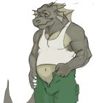  anthro bottomwear bulge canson claws clothing crest dragon ear_frill frill_(anatomy) head_frill horn male muscular muscular_male navel nipples pants scalie shirt smile solo tank_top topwear unzipped_pants 