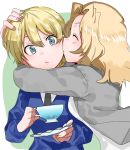  2girls bangs blonde_hair blue_eyes blush cheek_kiss closed_eyes cup darjeeling girls_und_panzer hand_on_another&#039;s_head hug jacket kay_(girls_und_panzer) kiss long_hair long_sleeves multiple_girls necktie oono_imo saunders_school_uniform school_uniform simple_background st._gloriana&#039;s_school_uniform sweater teacup tied_hair yuri 