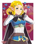  &lt;3 2019 absurd_res blonde_hair blush breasts breath_of_the_wild cloak clothed clothing female fingerless_gloves gloves green_eyes hair handwear hi_res humanoid humanoid_pointy_ears hylian looking_at_viewer mammal nintendo not_furry princess_zelda sarukaiwolf short_hair simple_background smile solo the_legend_of_zelda triforce video_games 