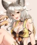  1girl :d animal_ears bare_shoulders black_choker breasts brown_eyes choker claws cleavage collarbone commentary_request erune fang flower granblue_fantasy hair_between_eyes hair_flower hair_ornament highres hood hood_down hooded_jacket jacket knee_up koretsuki_azuma long_hair looking_at_viewer medium_breasts open_mouth sen_(granblue_fantasy) silver_hair smile solo thighs upper_body white_flower yellow_jacket 