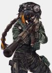  1girl ar-15 assault_rifle braided_ponytail cosplay eyebrows_visible_through_hair eyepatch girls_frontline gloves gun handgun headphones holstered_weapon jackal_(rainbow_six_siege) m16a1_(girls_frontline) persocon93 pistol pouch rainbow_six_siege rifle scope solo suppressor tactical_clothes weapon 