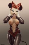  anthro bodysuit breasts clothing disney exposed_breasts female looking_at_viewer mammal minnie_mouse mouse murid murine nipples rodent shintori skinsuit smile solo standing tight_clothing tongue tongue_out wide_hips 