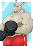  abs absurd_res anthro band-aid bandage biceps big_pecs blue_eyes bottomwear bulge clothing hi_res lagomorph leporid male mammal muscular muscular_male nipples pecs rabbit scar solo toranoyouhei triceps 