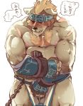  1boshi accessory anthro barghest_(tas) blush body_hair brown_fur chain chest_hair clothing fur hair headband japanese_text loincloth male mammal nipples orange_hair pendant scar simple_background solo text tokyo_afterschool_summoners translation_request ursid video_games white_background 