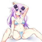  1girl adult_neptune arm_behind_head arm_up armpits bikini blush breasts commentary_request d-pad d-pad_hair_ornament hair_ornament knees_up kurozero long_hair looking_at_viewer medium_breasts navel neptune_(series) open_mouth purple_eyes purple_hair shin_jigen_game_neptune_vii simple_background sitting solo spread_legs striped striped_bikini swimsuit very_long_hair white_background 