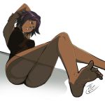  arms_up barefoot bleach blush commentary commentary_request dark_skin legs looking_at_viewer ponytail puma_(hyuma1219) purple_hair shihouin_yoruichi short_hair simple_background sitting solo white_background yellow_eyes 