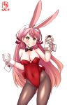  1girl :q akashi_(kantai_collection) alcohol alternate_costume animal_ears artist_logo bare_shoulders black_neckwear blush bottle bow bowtie breasts brown_legwear bunny_ears bunny_girl bunny_tail bunnysuit cameltoe cleavage contrapposto covered_navel cowboy_shot cup dated detached_collar dot_nose fake_animal_ears green_eyes hair_ribbon highleg highleg_leotard highres holding holding_bottle holding_cup kanon_(kurogane_knights) kantai_collection leotard long_hair looking_at_viewer medium_breasts namesake pantyhose pink_hair red_leotard red_ribbon revision ribbon signature simple_background smile solo standing strapless strapless_leotard tail tongue tongue_out tress_ribbon v-shaped_eyebrows very_long_hair w_arms whiskey white_background wrist_cuffs 