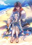  1boy 1girl aki_(neyuki41028) blue_eyes blue_hair braiding_hair dress granblue_fantasy hairdressing highres long_hair lyria_(granblue_fantasy) male_swimwear open_mouth sandalphon_(granblue_fantasy) school_swimsuit short_dress sitting swim_trunks swimsuit swimwear very_long_hair 