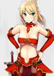  1girl bangs bare_shoulders blonde_hair blush braid breasts cleavage detached_sleeves eyebrows_visible_through_hair fate/grand_order fate_(series) green_eyes hand_on_hip highres long_hair looking_at_viewer mordred_(fate) mordred_(fate)_(all) nanakaku navel ponytail red_sleeves simple_background smile solo weapon white_background 