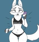  2019 anthro belly biped black_nose blush bodily_fluids bottomwear canid canine cellphone clothed clothing disney earphone eyebrows eyelashes female flat_chested fluffy fluffy_tail fur gloves half-closed_eyes handwear hi_res holding_object inner_ear_fluff josun looking_at_viewer mammal navel panties phone shirt simple_background skye_(zootopia) smile solo standing sweat tank_top thick_thighs topwear underwear white_fur zootopia 