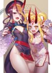  2girls :d alternate_hairstyle black_nails blonde_hair braid breasts china_dress chinese_clothes claws cleavage cleavage_cutout demmy double_bun dress fang fangs fate/grand_order fate_(series) hair_rings hat horns ibaraki_douji_(fate/grand_order) jiangshi looking_at_viewer multiple_girls nail_polish oni oni_horns open_mouth pointy_ears purple_eyes purple_hair purple_headwear red_horns red_nails shuten_douji_(fate/grand_order) sidelocks small_breasts smile teeth thighs yellow_eyes 