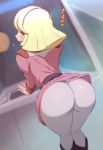  1girl arched_back ass bent_over blonde_hair blue_eyes blurry blush boots commentary_request depth_of_field e_keroron gundam hairband headset looking_at_viewer looking_back mobile_suit_gundam sayla_mass short_hair solo thighs translation_request uniform 