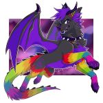  2017 canid canine citrinelle digital_media_(artwork) dragon fur furred_dragon hair hi_res hybrid mammal membrane_(anatomy) membranous_wings multicolored_fur paws purple_eyes purple_hair purple_nose purple_tongue rainbow_fur simple_background solo tongue wings 