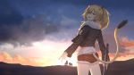  animal_ears arknights shorts siege_(arknights) sunset tail weapon 