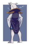  2:3 asriel_dreemurr_(god_form) black_sclera border boss_monster bovid caprine clothed clothing full-length_portrait fur grey_background hands_on_hips hi_res japanese_text katahane3 male mammal multicolored_clothing multicolored_underwear portrait purple_robe rear_view robe shoulder_guards simple_background solo sparkles text undertale underwear video_games white_border white_clothing white_fur 