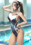  1girl black_eyes black_hair breasts cleavage competition_swimsuit hand_on_hip kkamja long_hair mole mole_on_breast one-piece_swimsuit open_mouth original ponytail pool solo swim_cap_removed swimsuit wet 