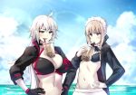  2girls :d apron artoria_pendragon_(all) artoria_pendragon_(swimsuit_rider_alter) bikini black_bikini black_gloves blonde_hair blue_sky blush breasts bubble_tea_challenge cleavage cloud drinking_straw fate/grand_order fate_(series) gloves hand_on_hip hands_on_hips jacket jeanne_d&#039;arc_(alter_swimsuit_berserker) jeanne_d&#039;arc_(fate)_(all) keigen_hichou large_breasts long_hair maid_headdress multiple_girls navel ocean open_mouth outdoors pale_skin platinum_blonde_hair pout sky small_breasts smile swimsuit yellow_eyes 